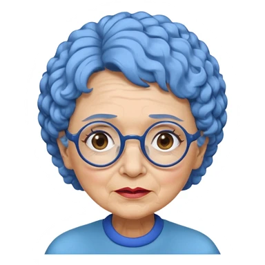 old lady with short, curly blue hair, matching blue eyebrows, light brown skin, round black glasses, and a neutral facial expression. sticker