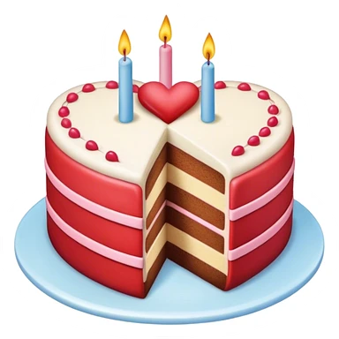 Heart shaped birthday cake divided in half. Each half has a different color sticker