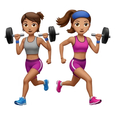 two women, one running and one lifting weights. brown hair, olive skin, hazel eyes. sticker