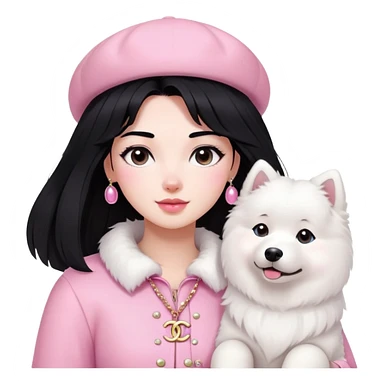 Black-haired girl in pink Chanel-style outfit with white Samoyed dog sticker