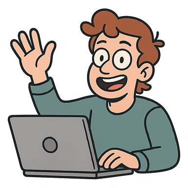 cartoon style person with laptop raising hand, no background sticker
