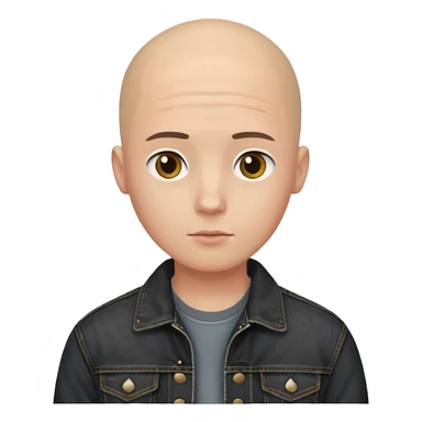  a young man with bald head, black jeans jacket sticker