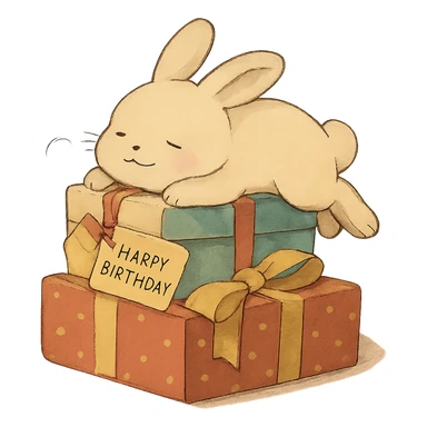 bunny lying on birthday gifts, sleepy and happy smile eyes, soft Ghibli style sticker