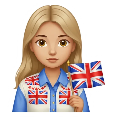 A Ukrainian girl in an embroidered shirt holds a British flag sticker