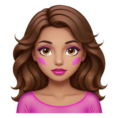 girl with long wavy brown hair, brown eyes, long lashes makeup, sexy pink lips, light to medium complexion, wearing a pink sexy silk top, with the sun icon  sticker