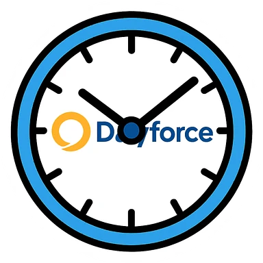 analog clock with blue accents and Dayforce logo in center sticker