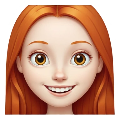 traditional emoji of young girl with very pale skin, long straight bright ginger red hair, very big wide human eyes positioned close together, wide nose, big smile with extremely large prominent teeth showing, classic round face sticker