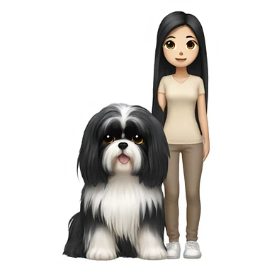 long black hair korean girl with beige and black shih tzu yorkie  sticker