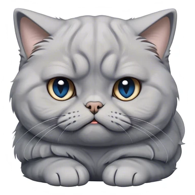 Cinematic Comical Grey Scottish Fold Cat Portrait Emoji, Head tilted with a scrunched, grumpy expression and adorable folded ears, sleek soft grey fur with subtle blue undertones, Simplified yet sharp features, highly detailed, glowing with a slightly sarcastic glow, high shine, poised but with a comically displeased demeanor, stylized with an air of playful disdain, focused yet unimpressed, soft glowing outline, capturing the essence of a grumpy yet endearing kitty with the classic Scottish Fold charm, so lifelike it feels like it could give you an exaggerated sigh and a disapproving stare at any moment! sticker