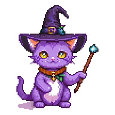 purple cat wearing a witch hat and holding a magic wand sticker