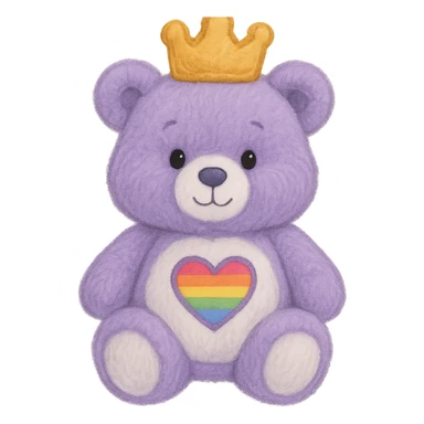 Add a soft and plush crown to the purple and white teddy bear with a heart-shaped rainbow patch. Keep the lighting flat with no shadows and no background. Maintain the plush texture and softness of the teddy bear in a style that respects the original look. sticker