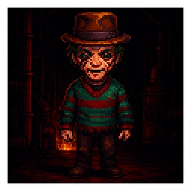 Add a spooky, nightmarish background with a boiler room and dark shadows behind Freddy Krueger, keep pixel art style sticker