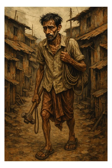 expressive illustration of a struggling Indian father, thin and tired, walking to work in old sandals, carrying tools, slum background sticker