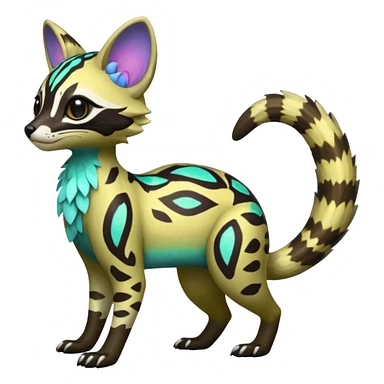 Rare realistic neon-colored iridescent shiny warm-colored lush tropical exotic cute epic pretty beautiful handsome gorgeous aesthetic colorful vibrant Vernid-Protogen-Primagen-Wickerbeast-Genet-Trico-species-Fakemon-hybrid-creature by LiLaiRa, beautiful intricate markings, full body sticker