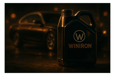 a premium dark moody automotive scene. A Winiron motor oil container stands in the foreground, illuminated by soft golden rim light. Background is a luxury car silhouette with warm reflections, blurred bokeh lights, and deep shadows. Add subtle metallic shine, glossy highlights on the container. Composition should feel cinematic, expensive, and powerful. No text, no distortions, keep the Winiron logo original. sticker