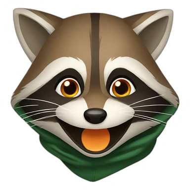 brown raccoon with orange eyes and a dark green hood that is laughing sticker