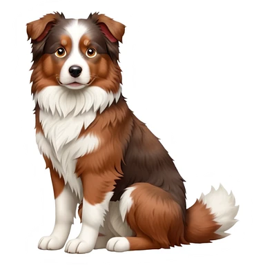 cinematic-[australian shepherd dog]-realistic-full-body-sitting-emoji,-tail-resting-loosely-beside-its-paws,-head-tilted-dramatically,-scruffy-[white faced and red merle]-fur,-simplified-yet-realistic-focused-features,-highly-detailed,-glowing-with-an-almost-sarcastic-glow sticker