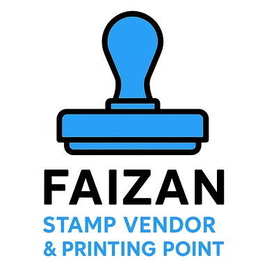 logo for 'Faizan Stamp Vendor & Printing Point', featuring a modern stamp icon, bold and professional, suitable for a printing business, clean lines, blue and black color scheme sticker