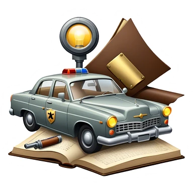 Icon for Action & Crime Reading: an open book with dramatic crime scenes—bullet holes on pages, a detective badge, a revolver and a getaway car. Surrounding elements include a flickering streetlight. Transparent background. sticker