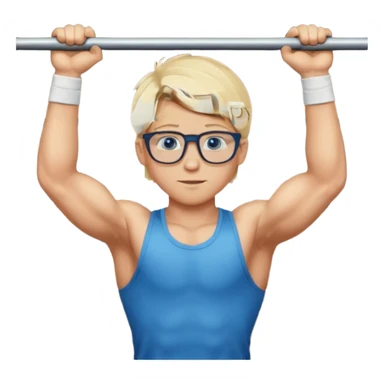 Wygeneruj mi emotke ubranego chłopaka i pokaż go od stóp do głów o włosach blond z niebieskimi oczami w okularach, który próbuje wisieć na drążku sticker