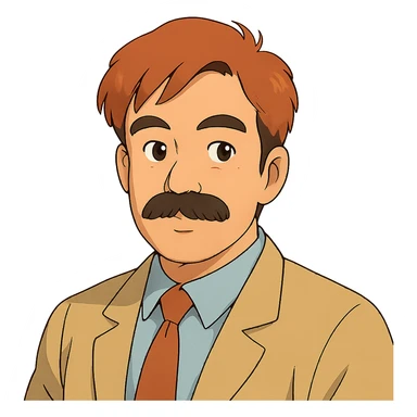 asian man with black mustache and red hair, 90's anime style portrait, ghibli style sticker