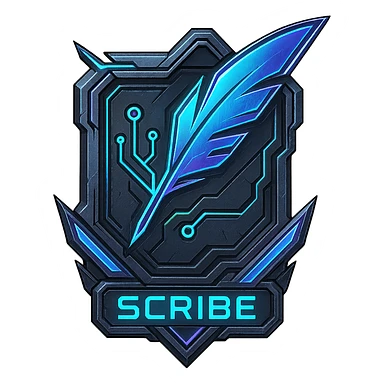 a metal insignia badge for a "scribe", space scifi-futuristic cyberpunk futurepunk sticker