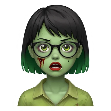 faça uma menina zumbi,da cor verde,com o cabelo curto preto até o pescoço,franja,óculos pretos,olhos escuros,boca meio aberta e alguns machucados pelo rosto sticker