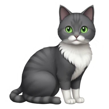 full body view of beautiful female solid dark grey cat with green eyes, white toes/paws and white patch on her chest sticker