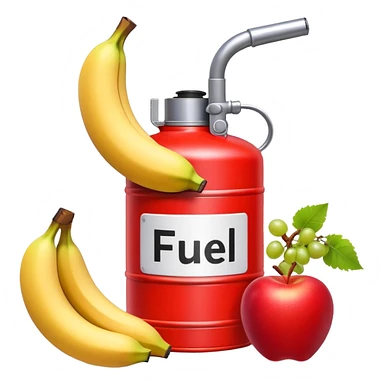 bright red gasoline canister surrounded by a banana, an apple, and grapes, red fuel can with fruits arranged around it sticker