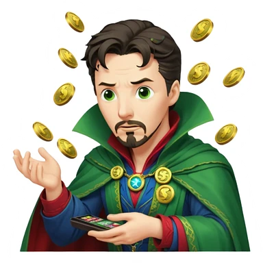 disheveled Doctor Strange losing money at a slot machine, panicked face, coins flying sticker
