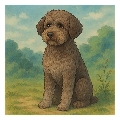 illustration of a roan Lagotto Romagnolo dog, sitting, soft background, ghibli style sticker