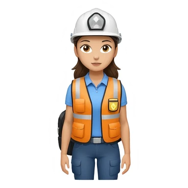 Brunette brown Girl full body standing with her white security helmet and security vest on, also with her black backpack sticker