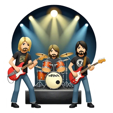 Icon for Rock Music: Nirvana performing on stage with Kurt Cobain on guitar and vocals, Krist Novoselic on bass, and Dave Grohl on drums. A grunge-inspired vibe with dynamic stage lighting and musical energy. Transparent background. sticker
