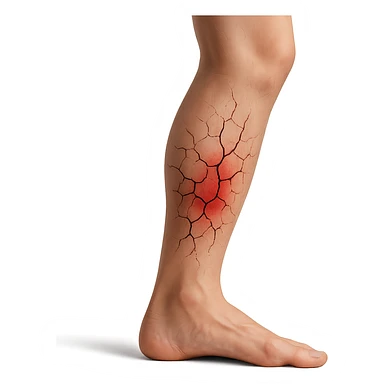 realistic human leg with overload represented by stylized cracks on the skin, red area, 3D effect, isolated on white background sticker