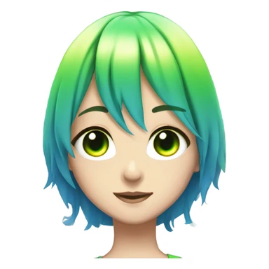 A anime girl with green glowing eyes and rainbow hair and a beautiful blue dress sticker