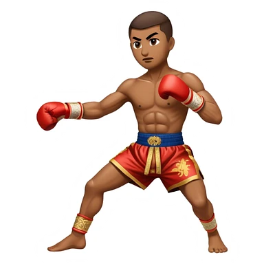 Cinematic Realistic Traditional Muay Thai Emoji, depicted as an intense dynamic martial arts scene featuring a fighter in traditional Muay Thai stance and attire, rendered with rich textures and energetic dramatic lighting that captures the sport's raw power. sticker