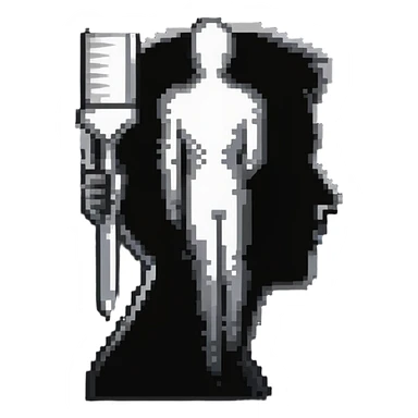 A paintbrush transforming into a silver metallic human silhouette emblem, symbol of artistic identity, with a polished finish sticker