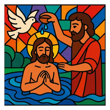 Christian baptism, stained glass effect, vibrant colors sticker