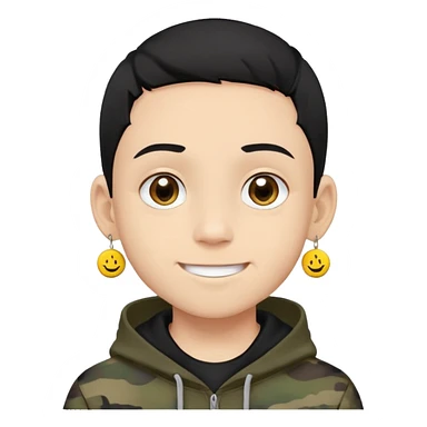 boy with military cut black hair, brown eyes, wearing 2 circle earrings and a black hoodie with a smiley face sticker