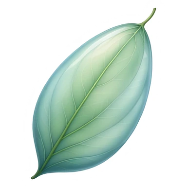 delicate cocoon-shaped leaf, translucent texture, soft curved lines, floating with light aura, gentle green-blue hues, warm earth undertones sticker