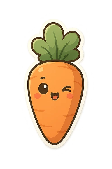 chibi sticker-style carrot, cute and exaggerated, with a playful wink and a leafy top sticker