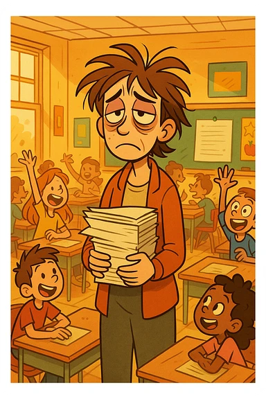 digital cartoon art of a exhausted teacher in a bustling classroom sticker