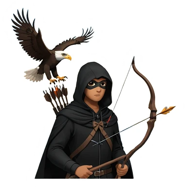 hooded man in a tall buliding a silloute shot, bow and arrows in hand. in the sky a big eagle is flying in modern time sticker