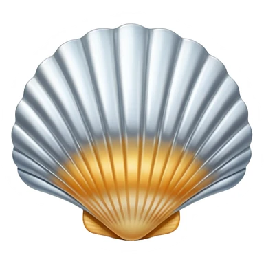 A seashell emoji made of polished silver chrome, smooth curved surface, reflective metallic highlights, elegant minimal design, iOS emoji style, centered, clean white background, soft lighting sticker