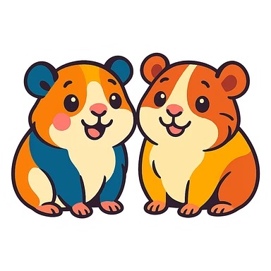 two happy and cute guinea pigs together, colorful and friendly illustration style, white background sticker