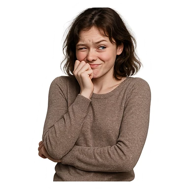 a girl who looks very shy but also very cocky, expressive face, playful body language, contrasting emotions sticker