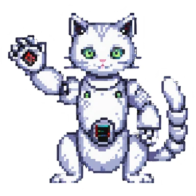 pixel art cat with a robotic arm, retro gaming vibe sticker
