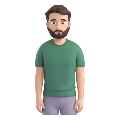 man with dark messy short hair, dark green eyes, gray T-shirt, and short beard sticker
