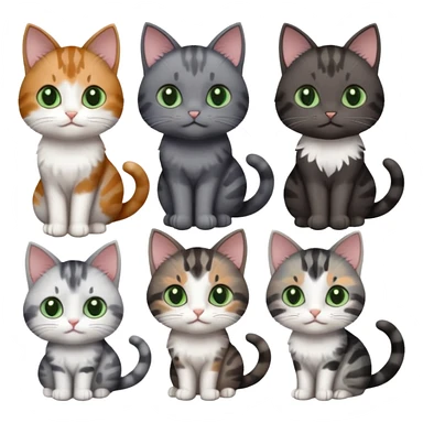 6 different coloured small cats including a dark grey and white, and a patchy calico, and a brown tabby and white,  and a completely solid dark grey with green eyes and only white paws sticker