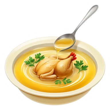 small glossy puddle or swirl of golden-yellow chicken broth, translucent and slightly oily surface with soft ripples suggesting warmth, rich inviting color with subtle tones of simmered poultry and vegetables, no bowl, spoon, herbs, or extras, soft lighting, subtle shadows, emoji scale sticker